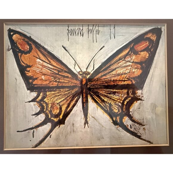 Vtg 1960s Bernard Buffet "Papillon Rouge" (Red Butterfly) Monarch Framed Print - Picture 3 of 4